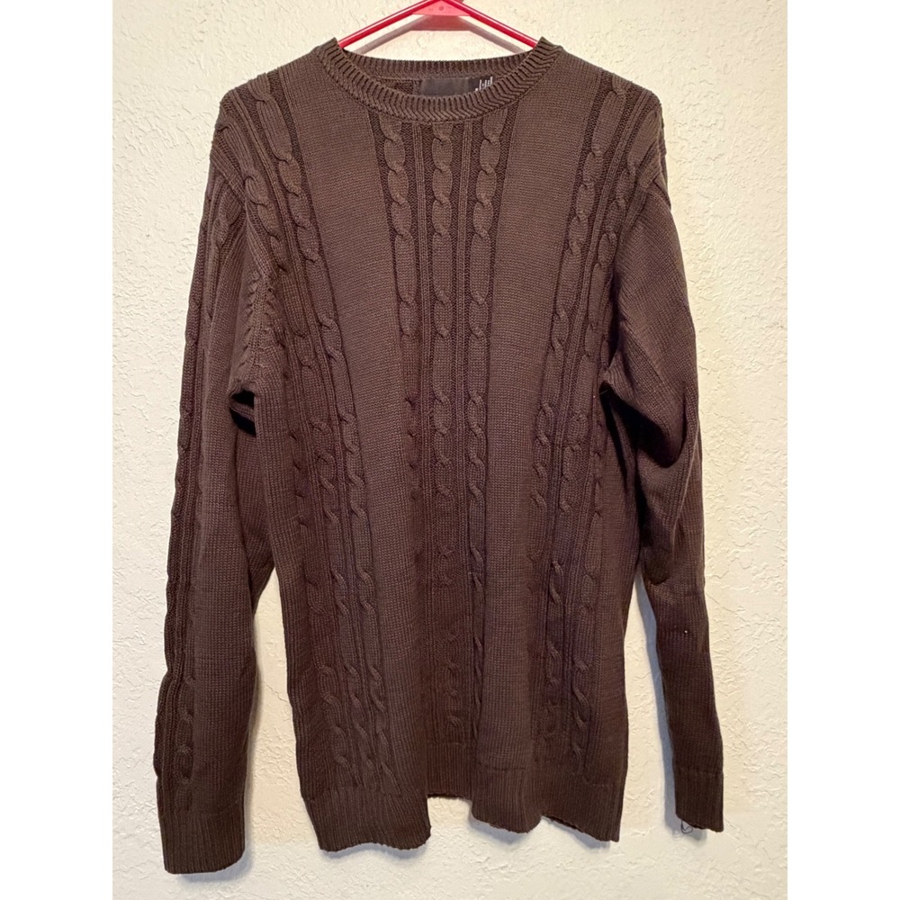 Bill Blass Mens Brown Olive Green Cable Knit Cotton Crewneck Sweater Size M